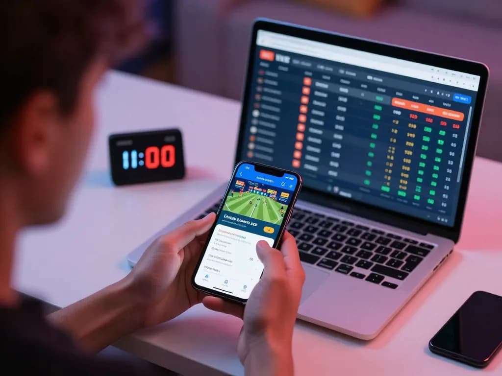 Engaging in live sports betting on 7m app with smartphone and laptop in modern workspace