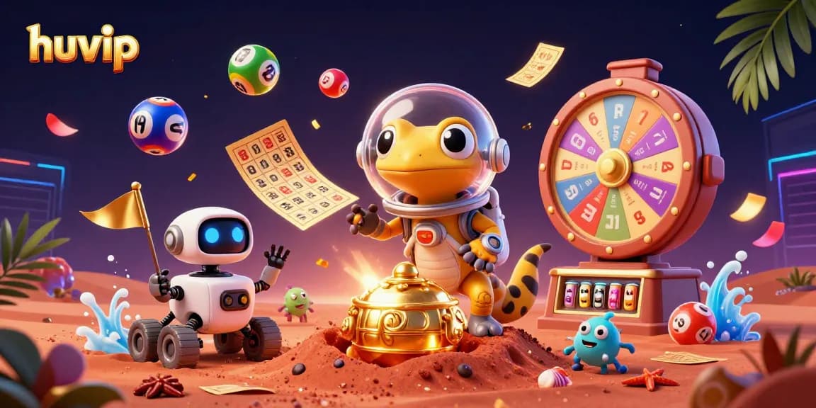Exciting huvip casino adventure with a Martian gecko exploring a golden casino, surrounded by vibrant game symbols.