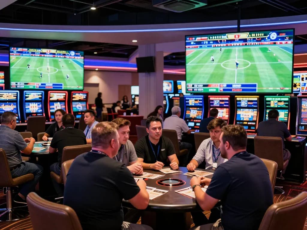 Engaging scene of sports betting at a casino showcasing SC 88 with bettors discussing their strategies and excitement