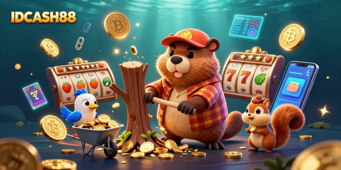 Engage with IDCASH88's exciting slot games as a beaver collects gold coins and spins reels in a vibrant scene.