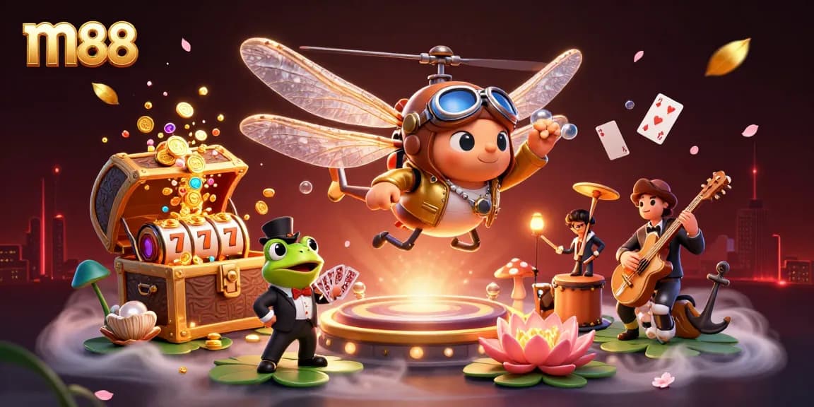 Engage in thrilling m88 slot games amidst a vibrant 3D casino scene filled with action.