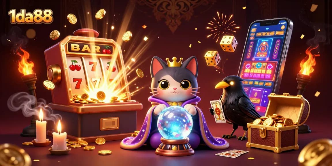 Engage with 1da88's vibrant casino magic featuring a fortune teller cat and tarot raven!