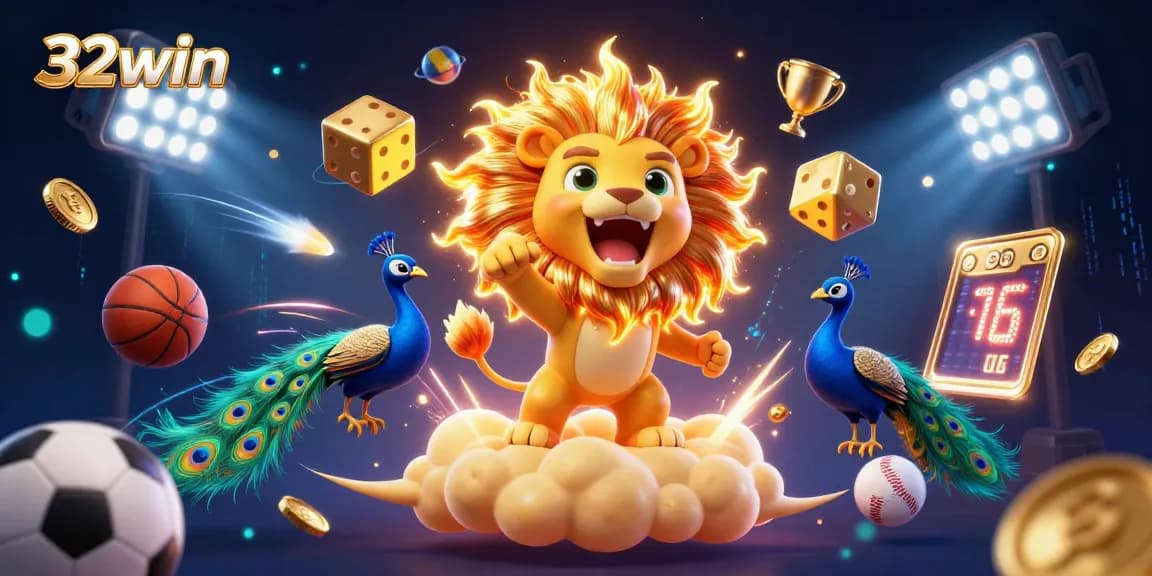 Experience thrilling sports betting action at 32win with an energetic 3D illustration of a sun lion and dynamic sports elements!