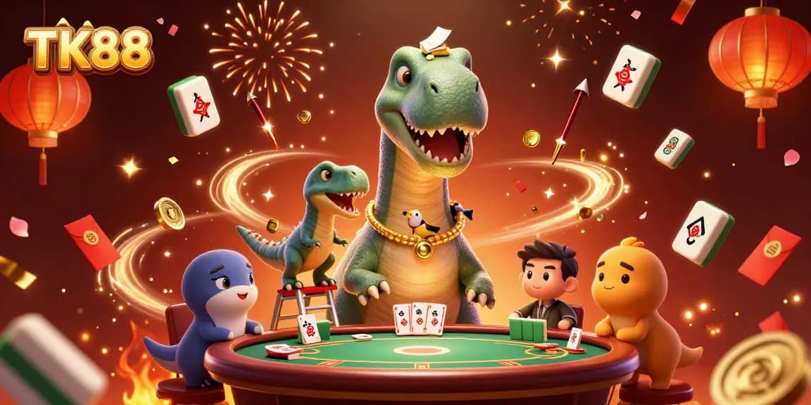 Experience the excitement of TK88 with a lively, colorful casino scene featuring animated characters and festive decorations.