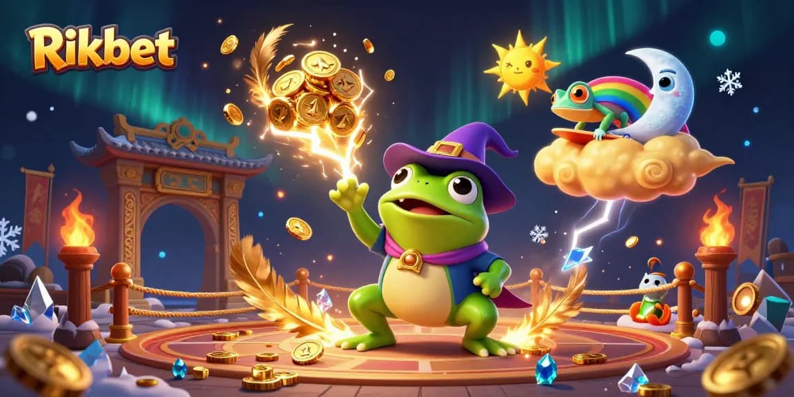 Rikbet features a whimsical scene with a wizard frog and vibrant chameleon amidst golden coins.