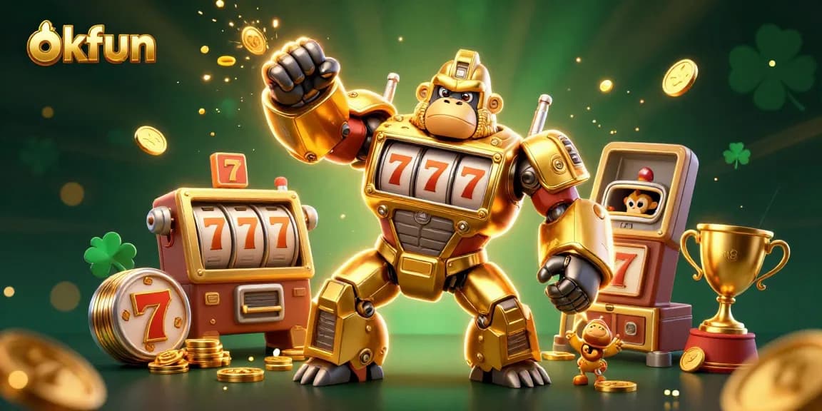 Spin to win with okfun at the thrilling casino, featuring an explosive golden gorilla mech.