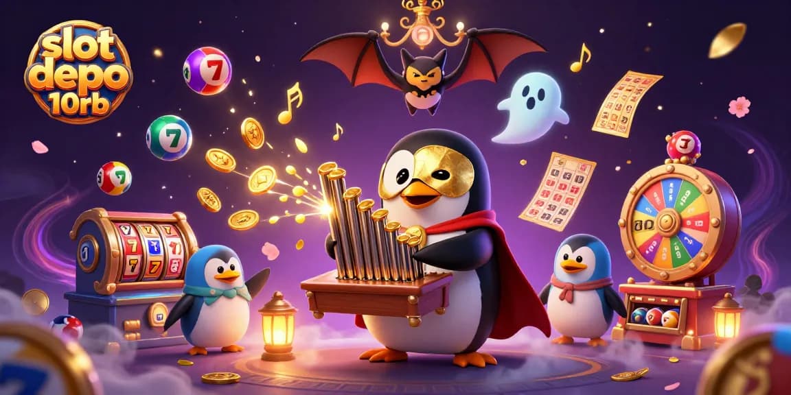 Experience winning excitement with slot depo 10rb in a vibrant 3D casino scene featuring penguins and gold coins!