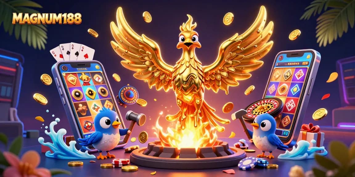 Experience winning with MAGNUM188 as golden coins cascade from a molten phoenix in this vibrant casino scene.