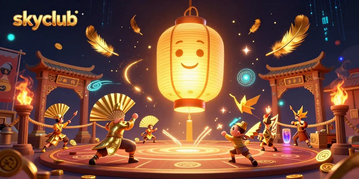 Experience the vibrant gaming world of skyclub with animated golden lanterns and dynamic casino elements.