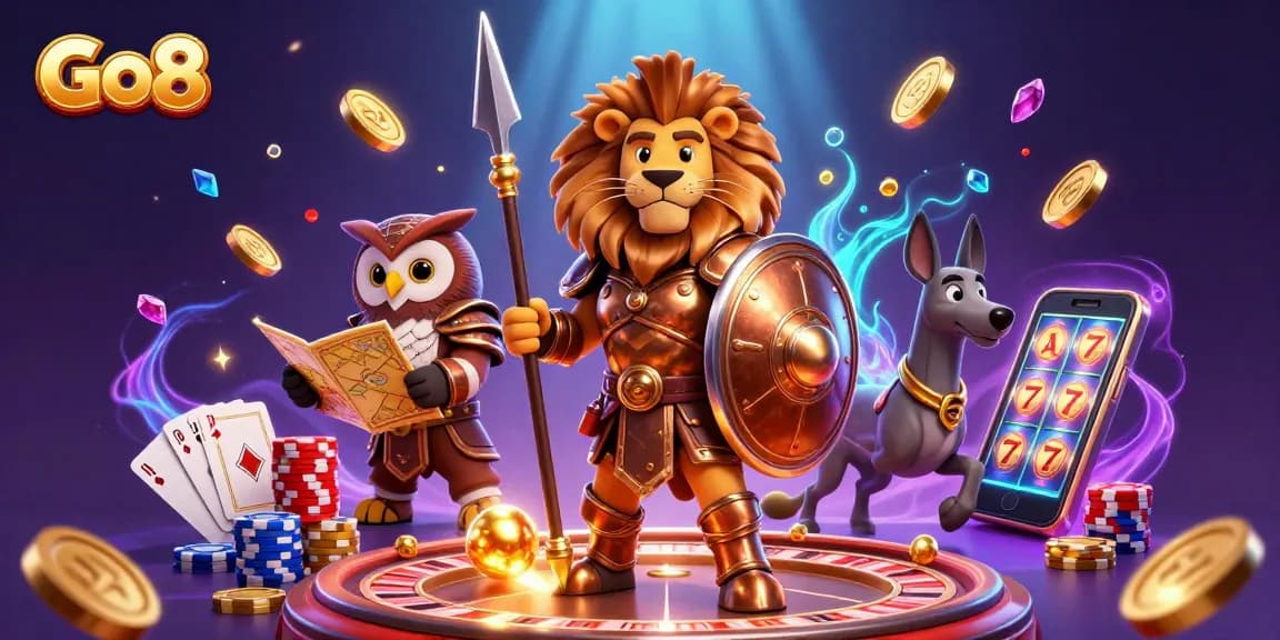 Experience the thrill of Go8 casino gaming with a vibrant, dynamic scene featuring a brave lion, tactical owl, and swift greyhound.