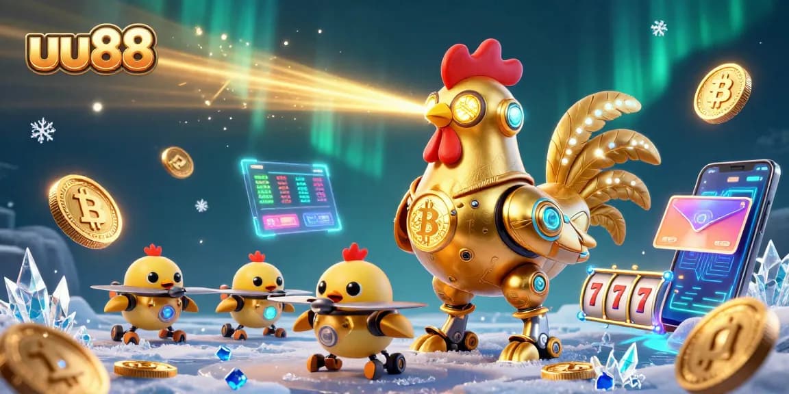 Experience thrilling gaming at uu88 with a vibrant 3D casino scene featuring golden rooster robots.