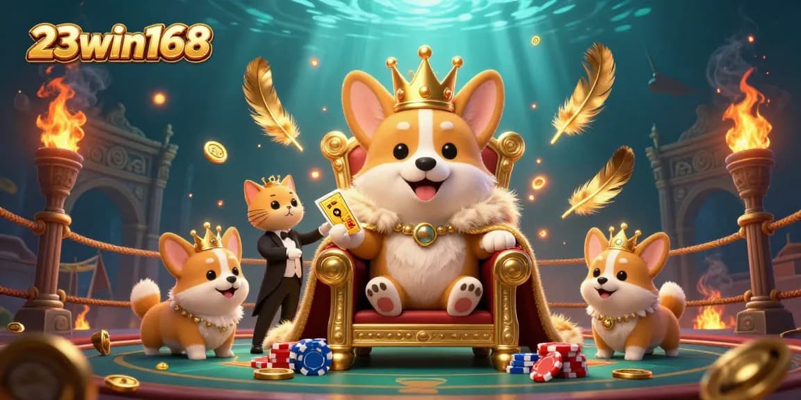 Experience excitement with 23win168's vibrant 3D casino scene featuring a royal corgi and gambling elements.