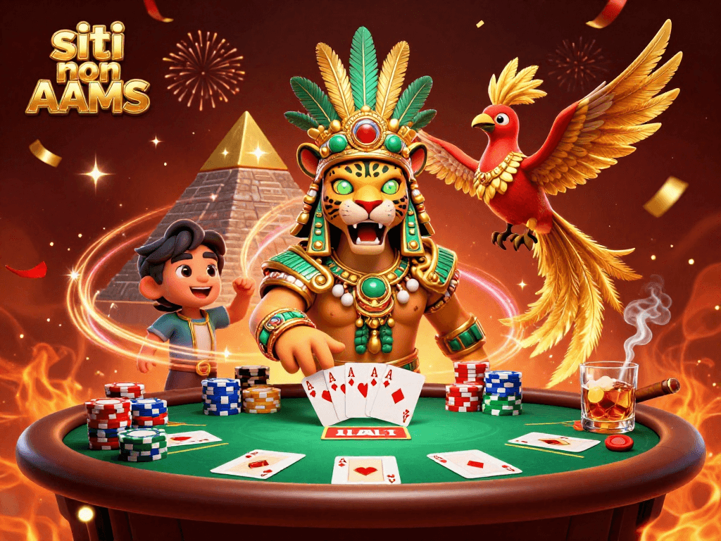 I protagonisti dei siti non AAMS su un tavolo da poker con 4 assi distribuiti, atmosfera festiva e scintillante.