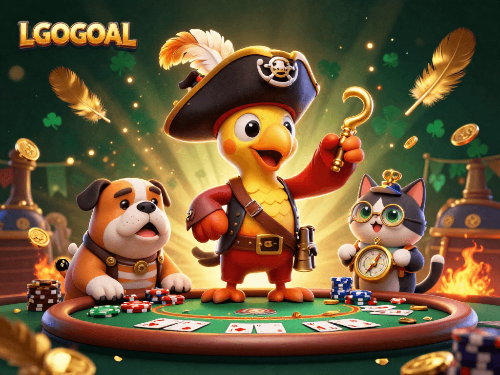 Experience exciting wins with LGOGOAL as a cartoon pirate captain leads the poker players in a vibrant casino scene.