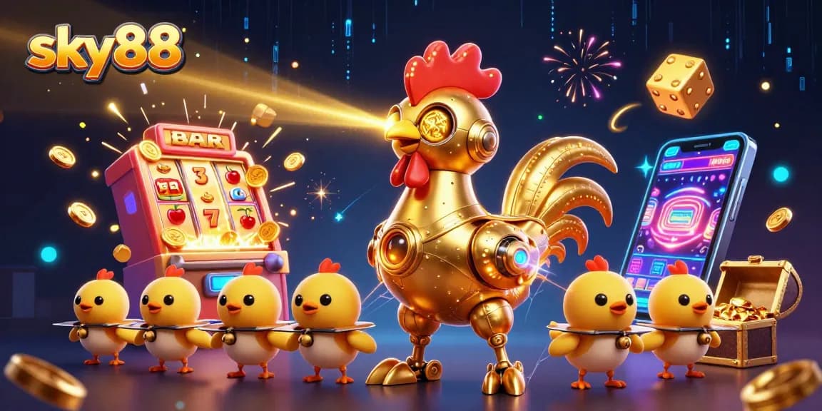 Experience exciting wins with sky88's dynamic gambling scene featuring vibrant slot machines and engaging characters.