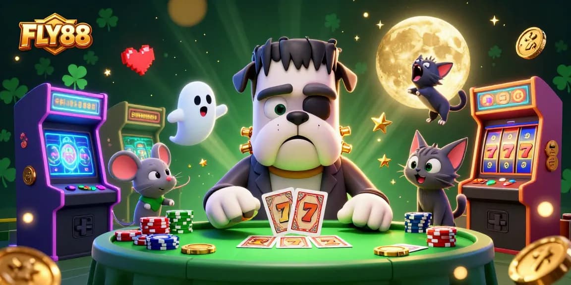FLY88 deals cards at a spooky table with Halloween-themed characters and casino elements.