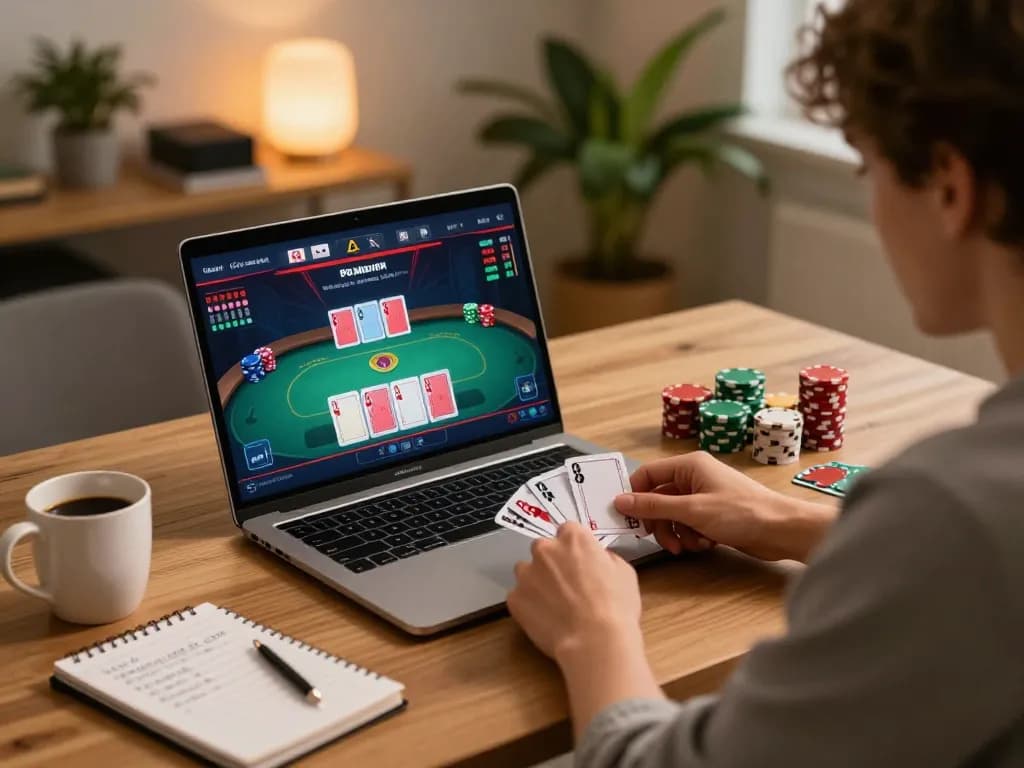 Kicking off an online poker game, tracking keluaran hk results on a laptop in a cozy home setting.