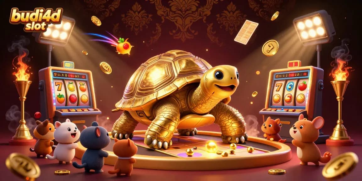 Engage with the budi4d slot experience, featuring an exciting pinball machine tortoise alongside vibrant slot elements and golden animations.