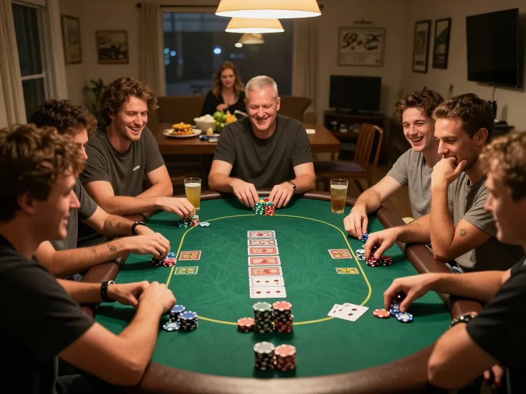 Friends enjoying a poker game at home, with lively interaction and strategic fun, rokok88 highlights social gaming.