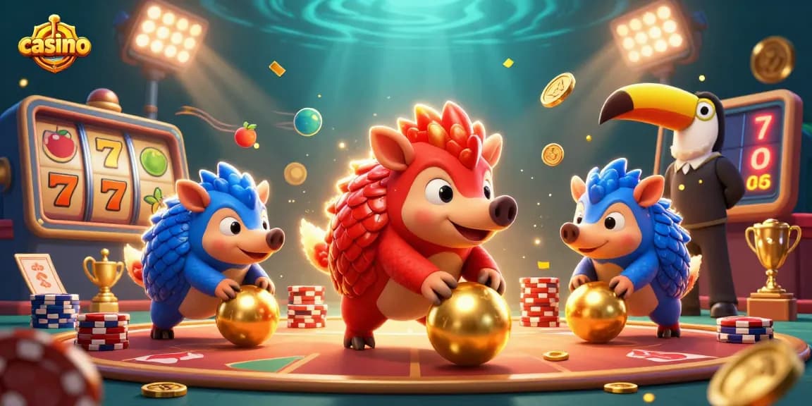 Experience high-stakes action at the casino with rival pangolins rolling giant golden balls through poker chips.