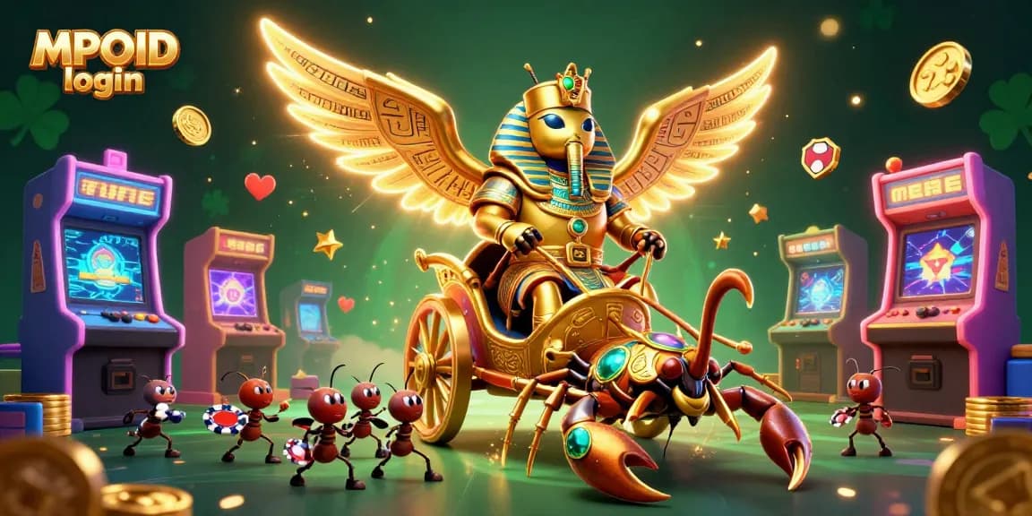 Experience MPOID login in a vibrant gaming scene with golden scarabs and scorpions!