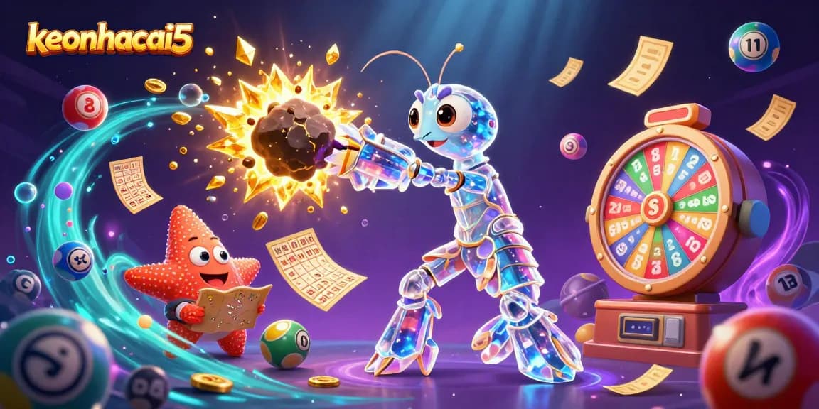 Experience the excitement of keonhacai5 with a samurai shrimp and vibrant lottery elements in this dynamic scene.