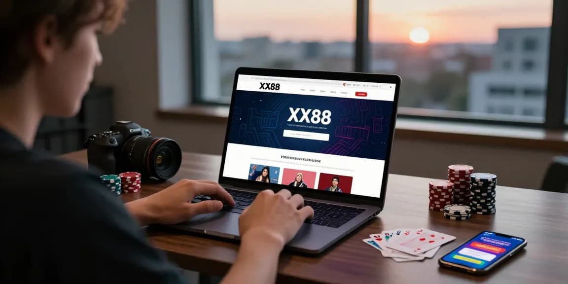 Interactive user engaging with XX88 online gambling platform at a modern desk setup.