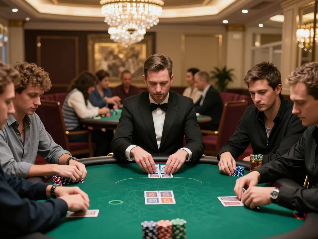 Maxpoker88 poker players strategizing at a luxurious casino table, intense focus evident.