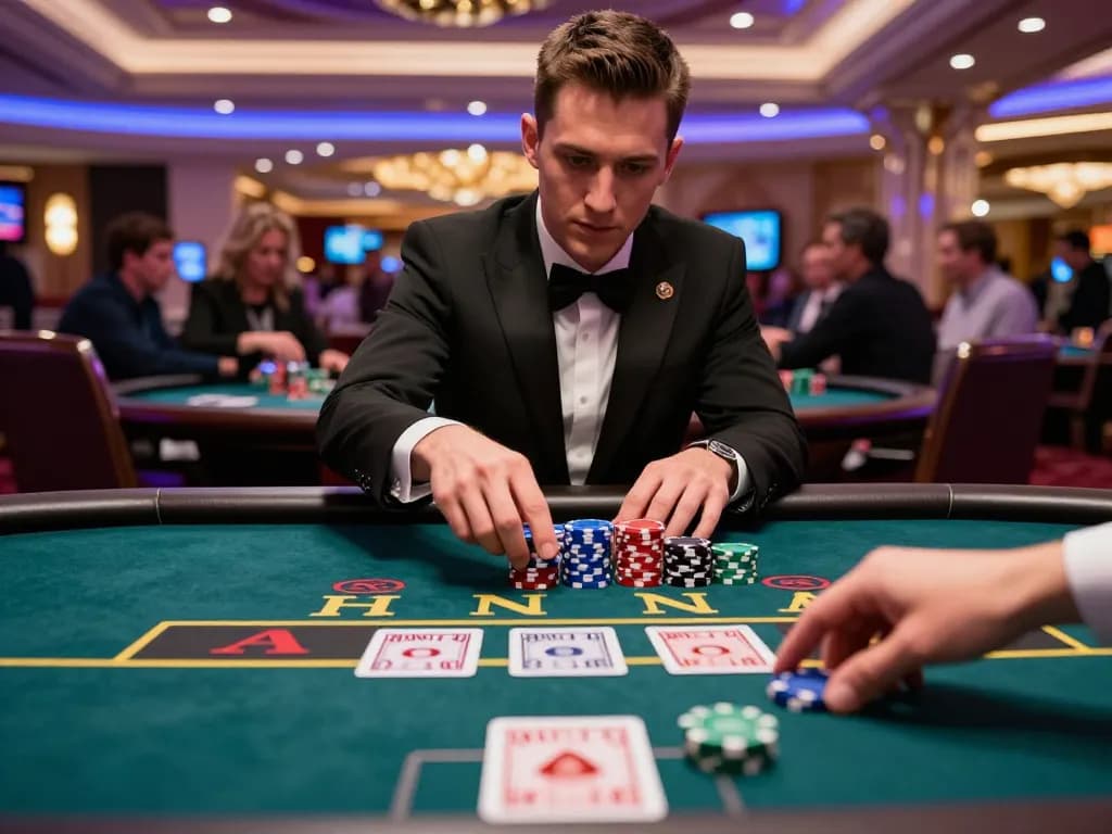 TR88 players engaging in strategic blackjack gameplay at upscale casino, showcasing tension and excitement.