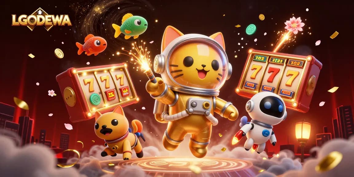 Experience thrilling slots with LGODEWA as a golden astronaut cat spins jackpot reels in a cosmic scene.
