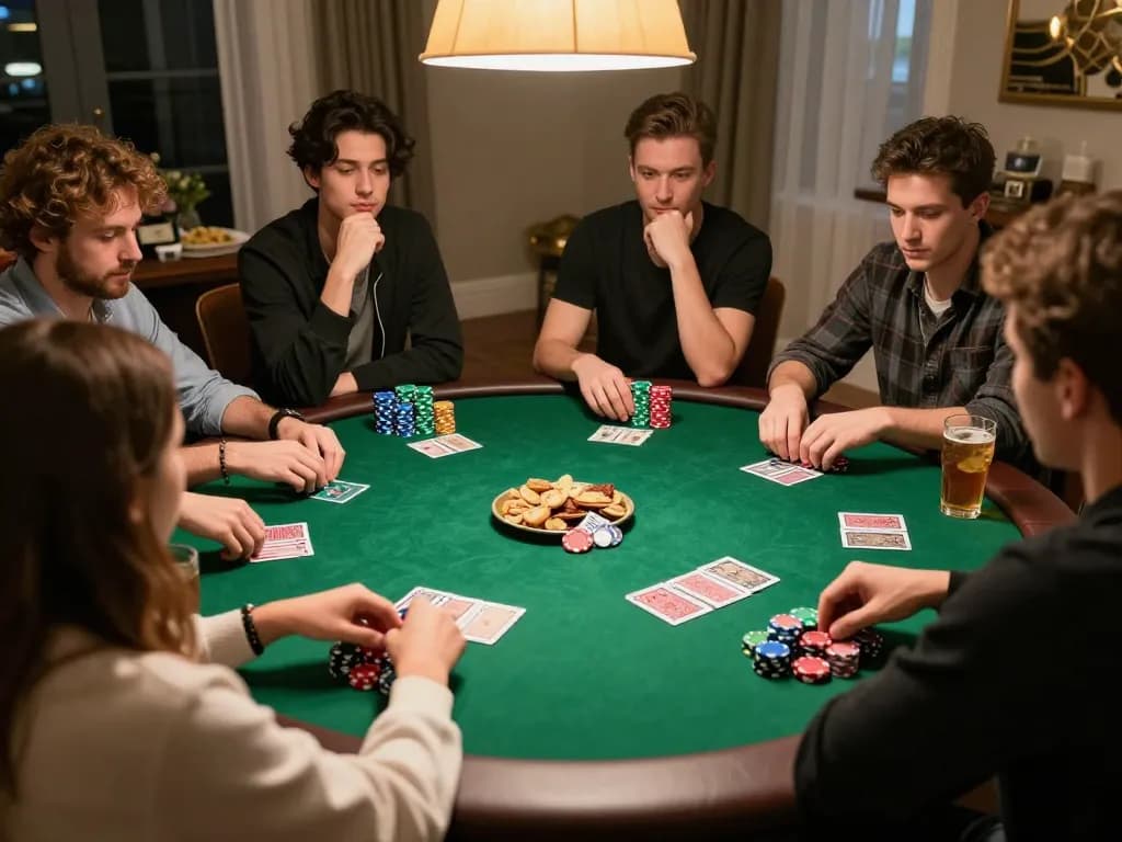 Friends enjoying an intense poker game at home, showcasing strategies and interactions in a lively atmosphere with MPO ID.