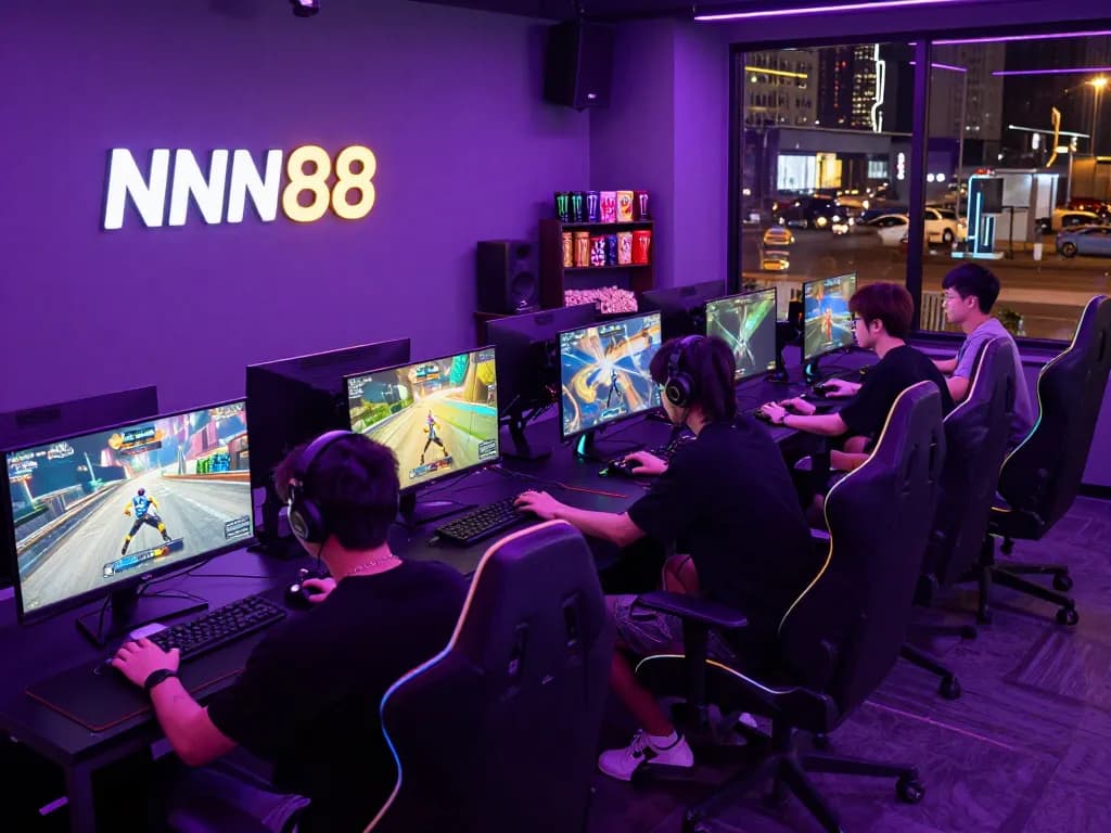 Exciting gaming scene with diverse players enjoying mantra88 multiplayer games in a vibrant neon-lit lounge