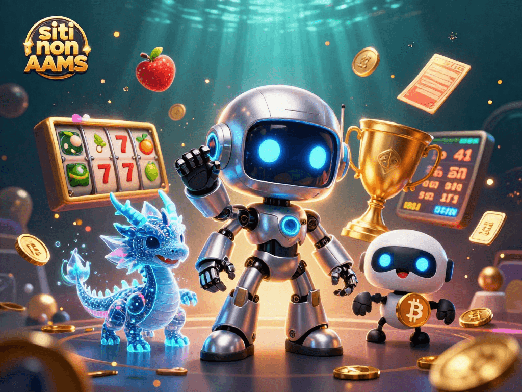 Scopri i siti non AAMS con icone di gioco coinvolgenti, robot cyberpunk e droni al casinò.