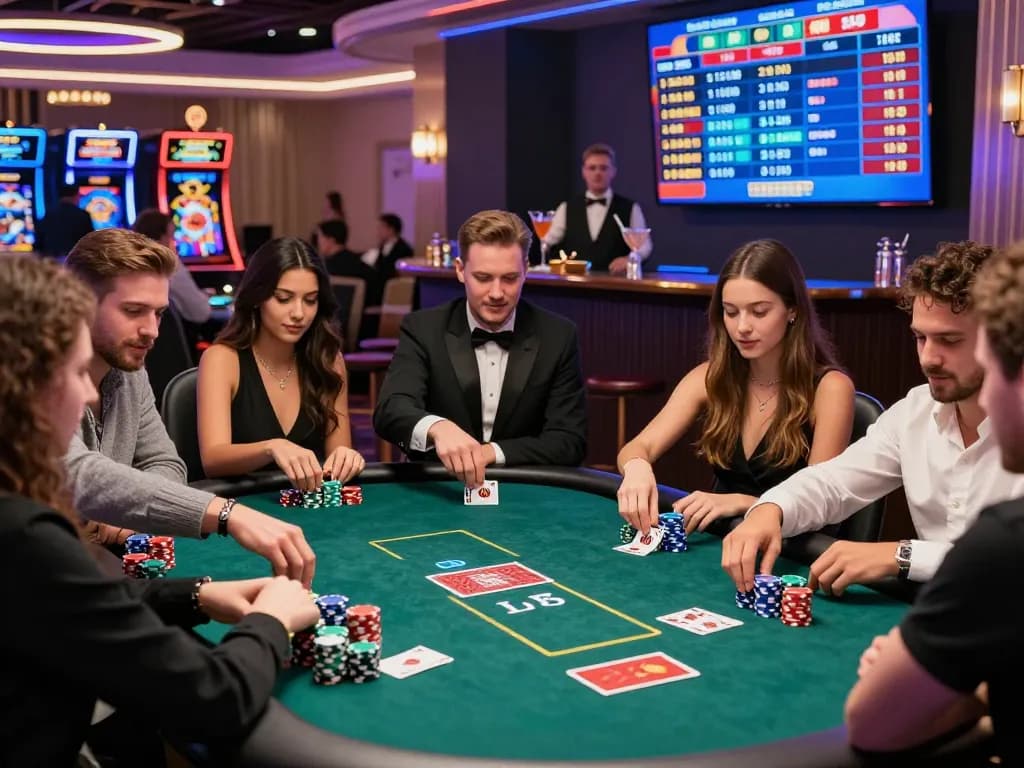 Friends enjoying a lively poker game at wraungtoto casino, with colorful chips and neon lights.