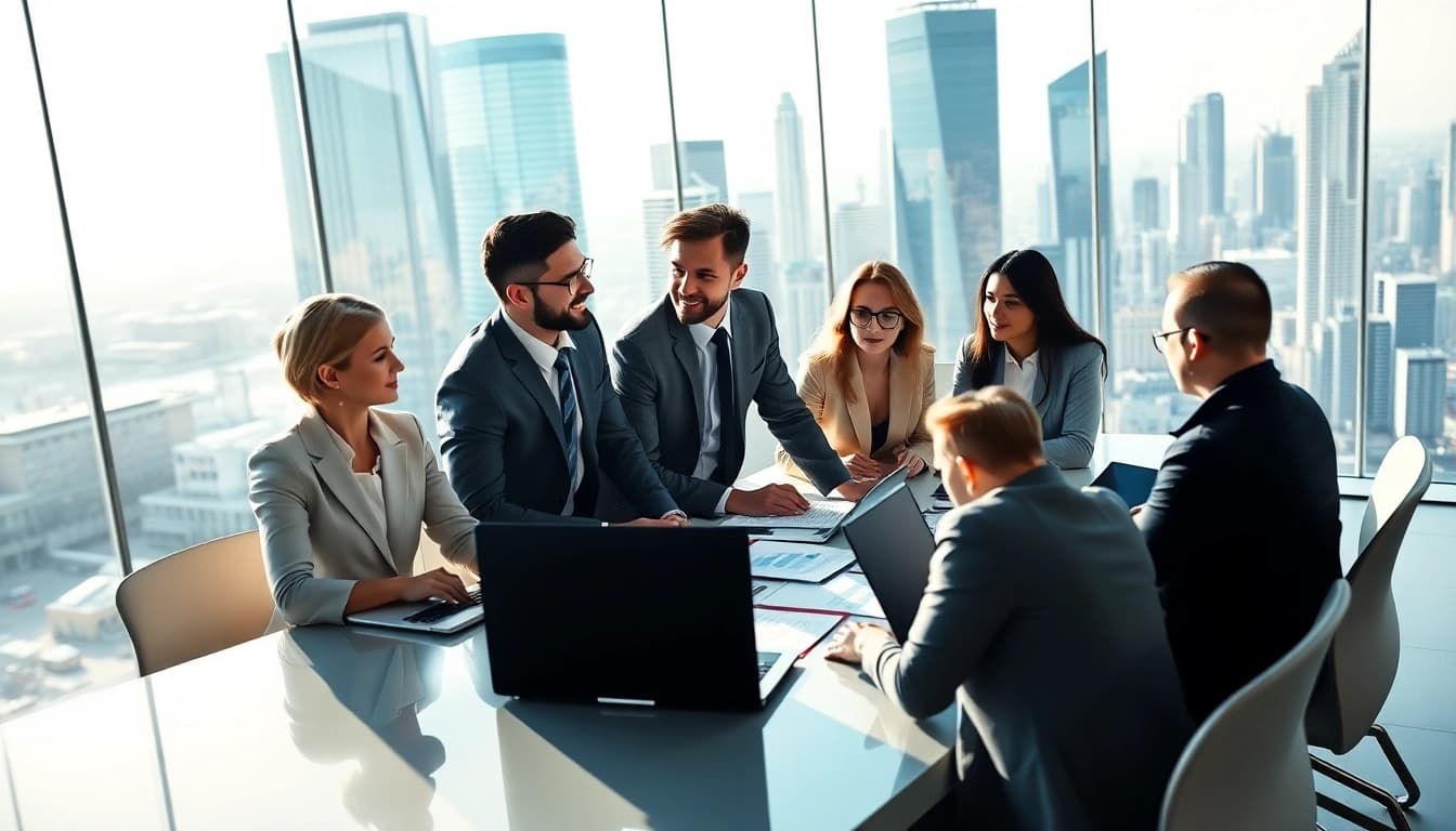 M&A 관련 상담 중인 비즈니스 전문가의 활기찬 모습과 도시 풍경을 담은 이미지
