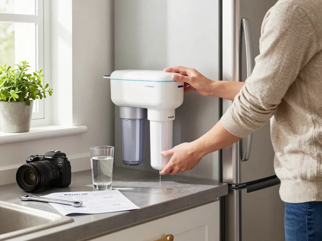 Installing the Waterdrop XWF Refrigerator Water Filter in a modern kitchen for clean drinking water.