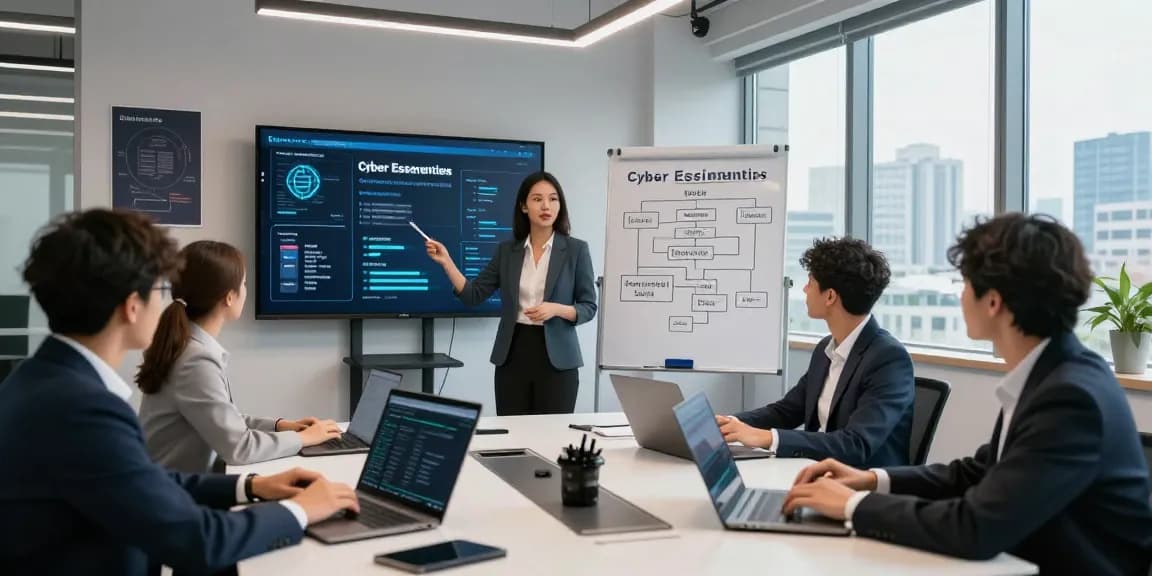 Team discussing cyber essentials strategies in a modern cybersecurity office.