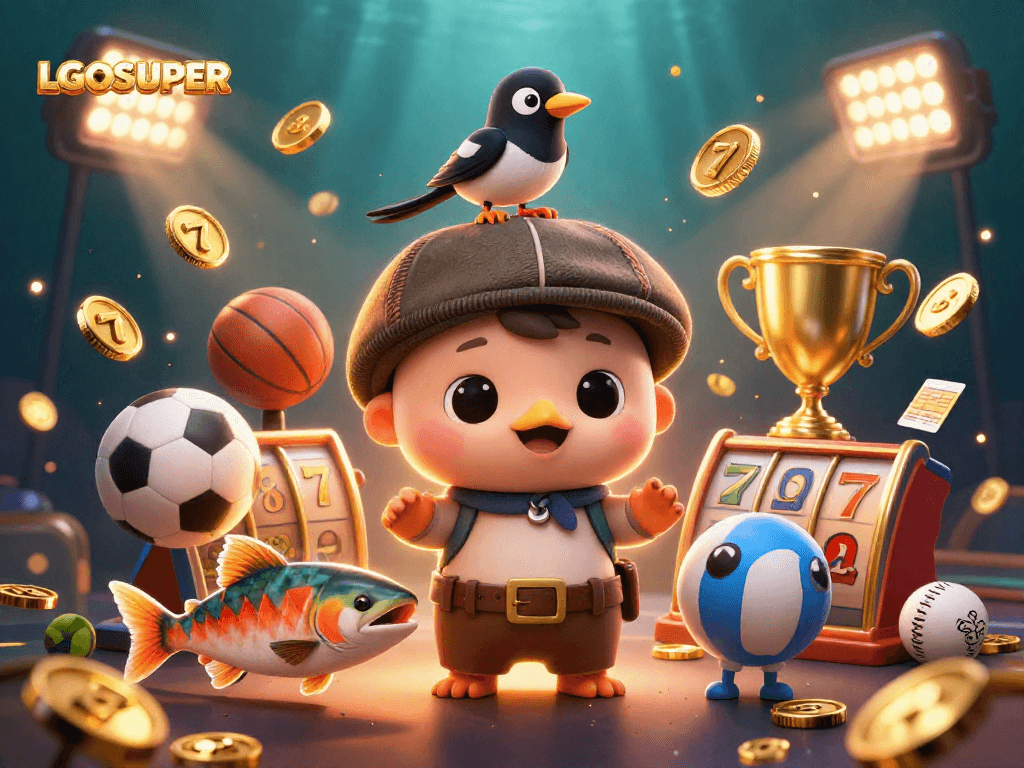 Experience dynamic gaming fun at LGOSUPER with vibrant slot and sports elements in a lively 3D scene.