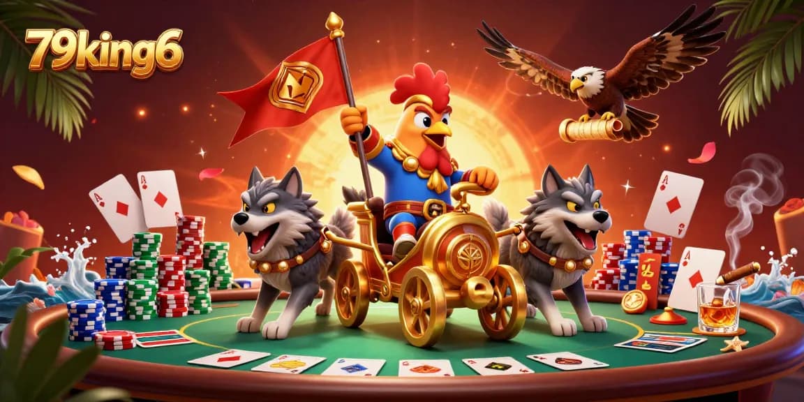 Experience the thrill of 79king6 with vibrant poker scenes featuring a rooster warlord and dynamic casino elements.