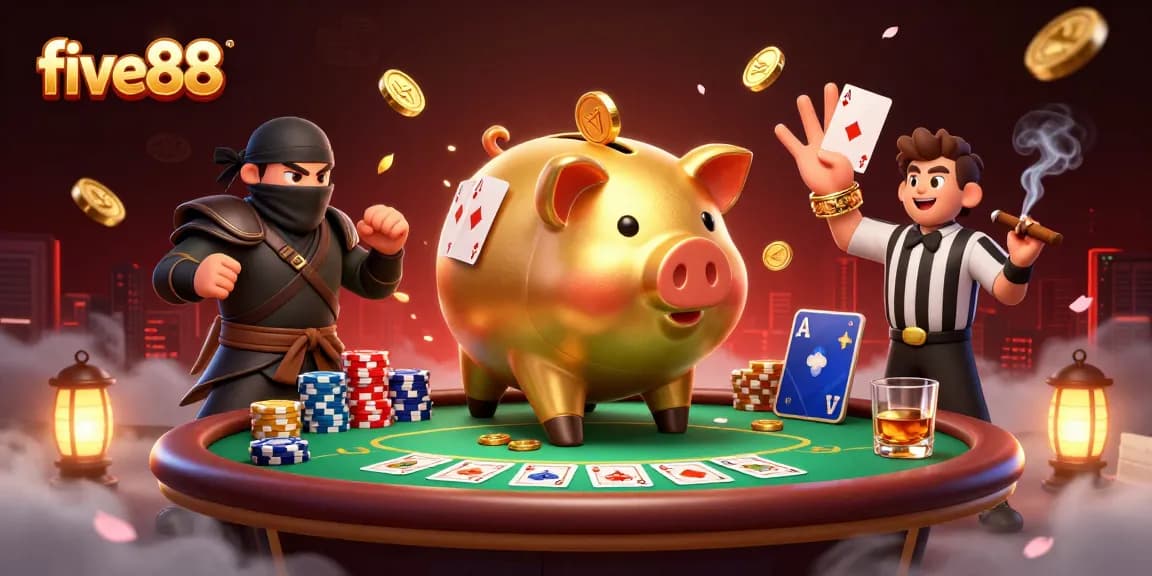 Engage in thrilling poker action at five88 with dynamic characters and vibrant casino elements.