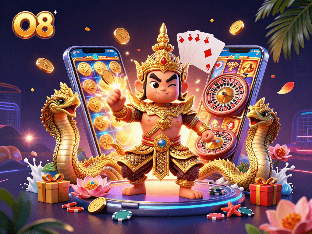 Spin the reels and win with O8 in this vibrant casino-themed 3D illustration