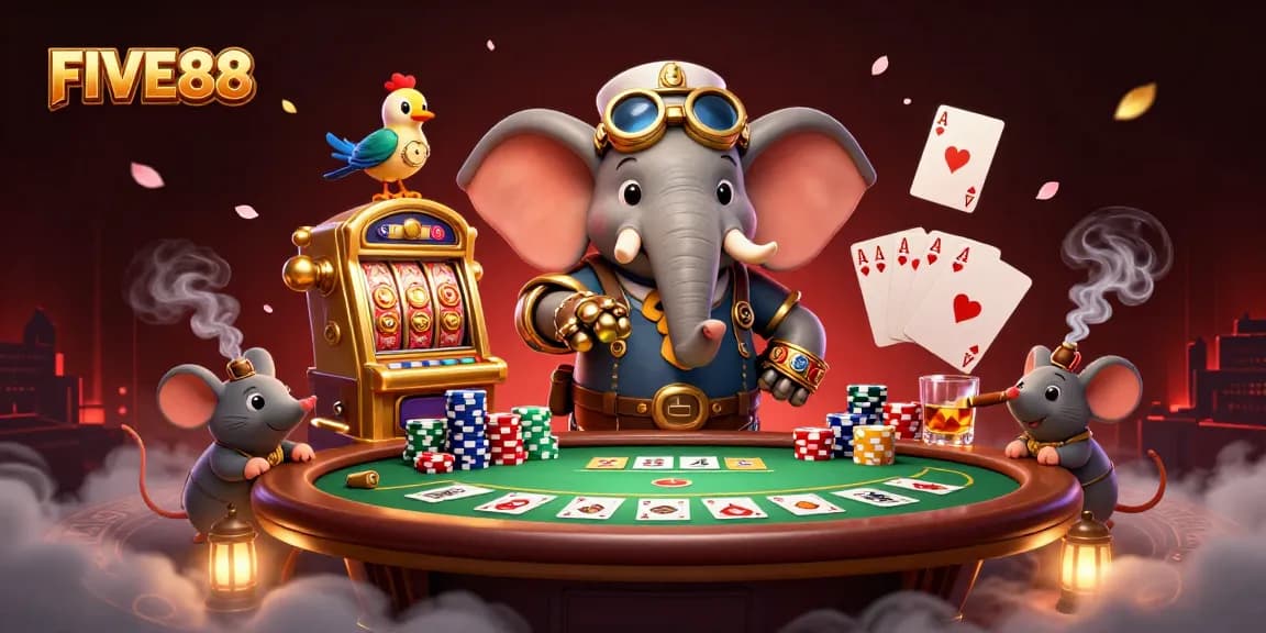 Experience the thrilling scene of FIVE88 with a steampunk elephant playing a golden slot machine.