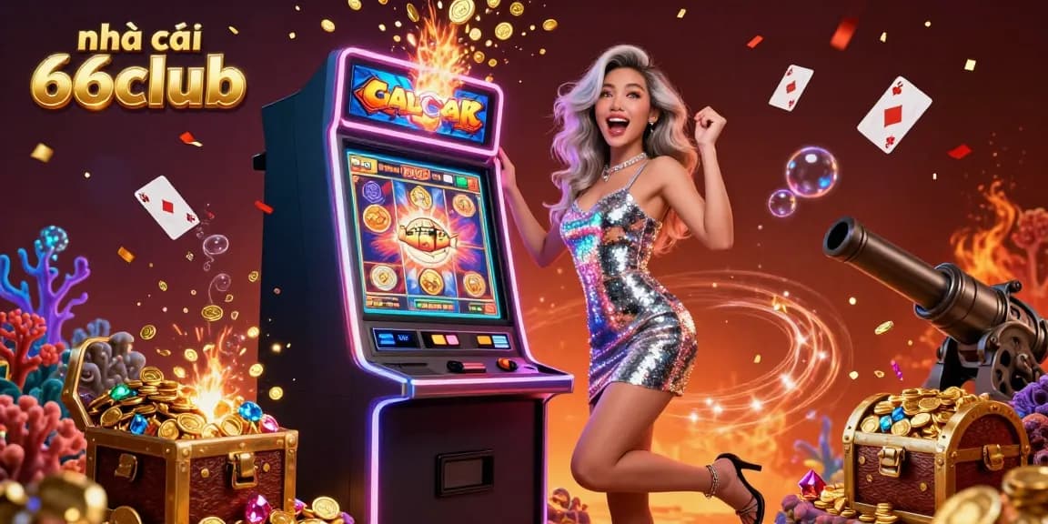 Experience the excitement at nhà cái 66club as a celebratory Asian woman rejoices next to a jackpot-winning slot machine.