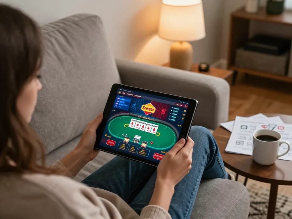 Player enjoying online casino at Sunwin on tablet in cozy home setting, showcasing responsible gaming.