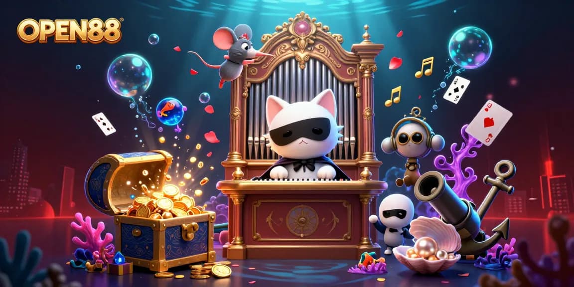 Engage in thrilling gameplay at OPEN88 with vibrant visuals featuring casino elements and dynamic characters.