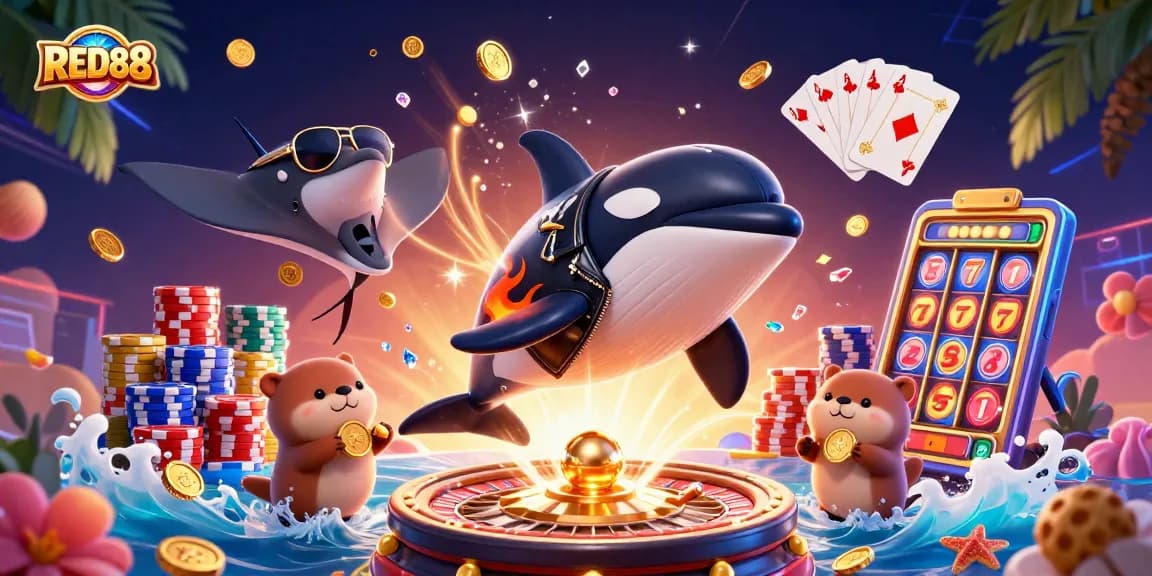 Experience the thrill of RED88 with an orca whale, stingray, and otters amidst dynamic casino gaming elements.
