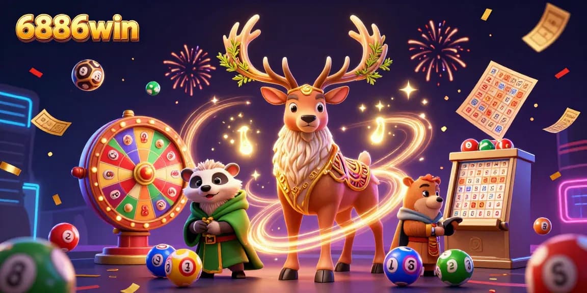 Engage in a vibrant 6886win celebration featuring colorful games, mystical characters, and dazzling lottery elements.
