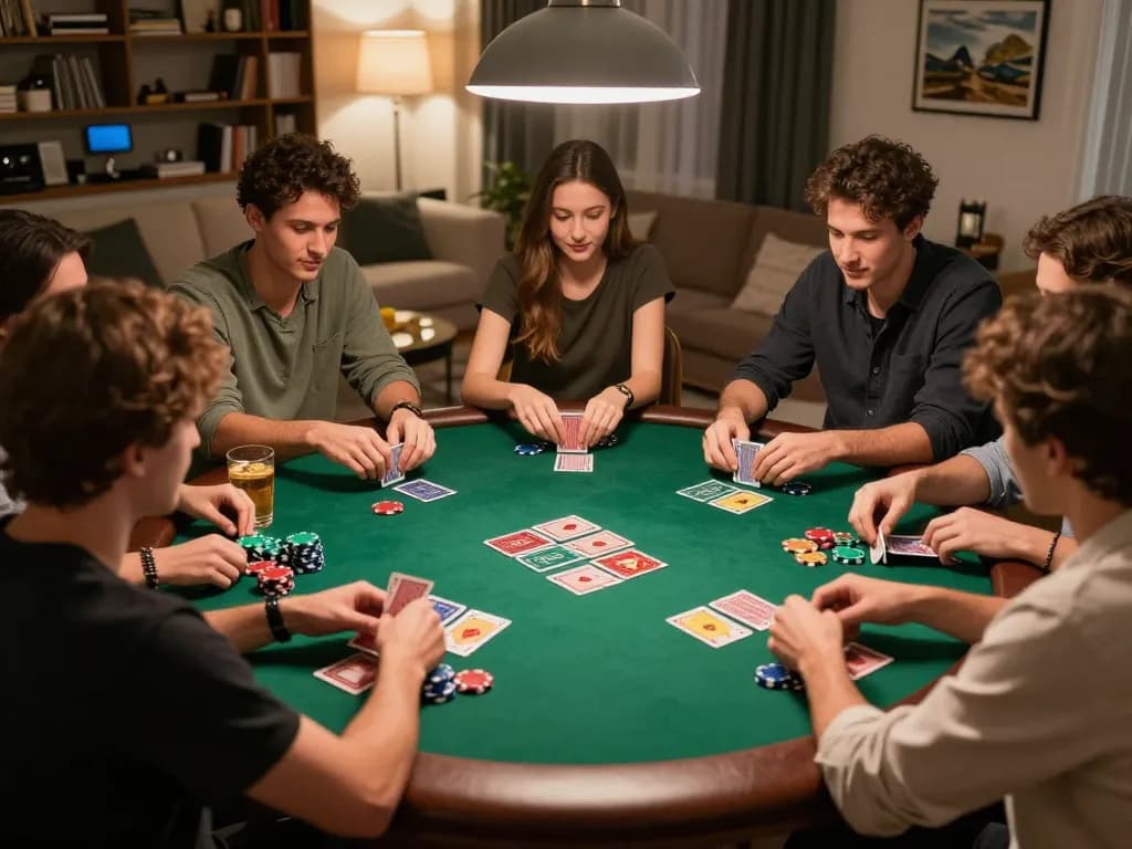 Friends enjoying a strategic poker game at home, capturing the essence of social gaming with rokok88.