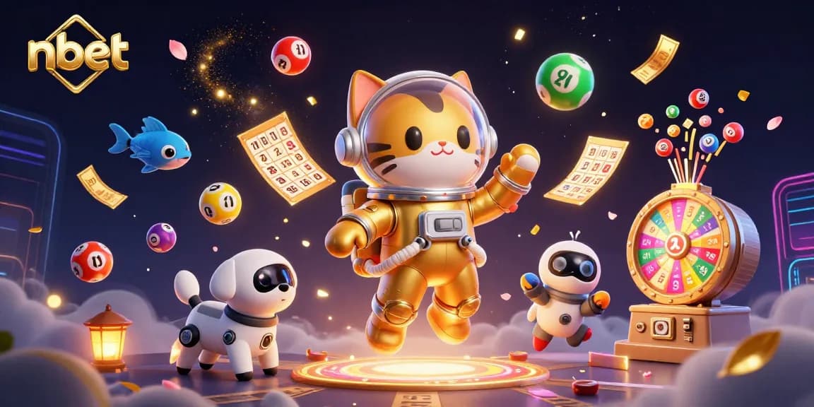 Engage with nbet's vibrant lottery universe, featuring dynamic characters in a cosmic setting.