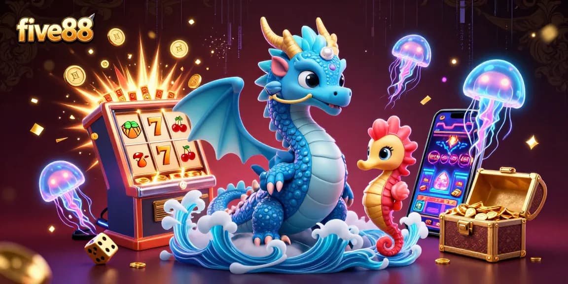 Experience the vibrant five88 casino world with a majestic water dragon amid jackpots and glowing jellyfish.
